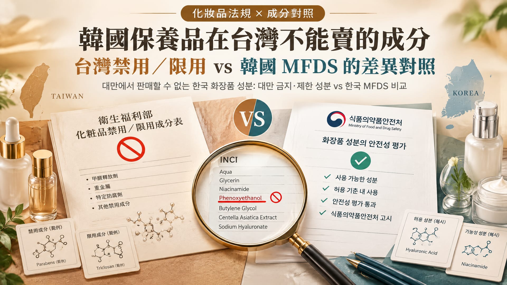 韓國保養品在台灣不能賣的成分：台灣禁用／限用 vs 韓國 MFDS 的差異對照