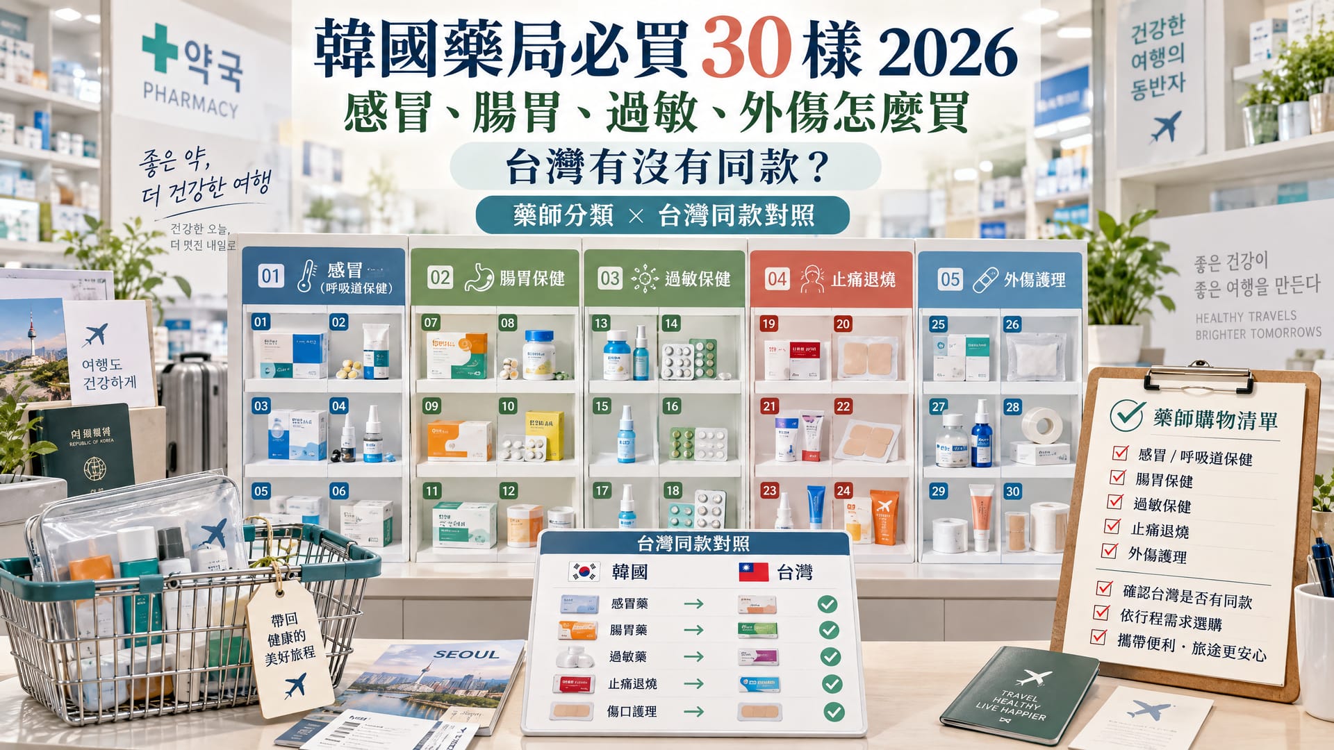 韓國藥局必買 30 樣 2026:感冒、腸胃、過敏、外傷怎麼買、台灣有沒有同款